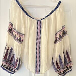 Free People Peasant Off-Shoulder Long Sleeve Blouse with Purple Embroidery
